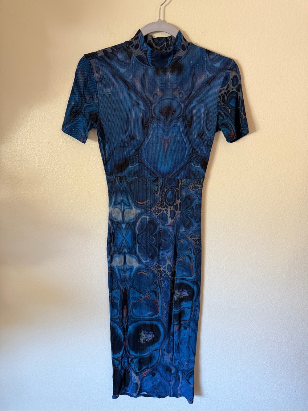 Desigual Blue Marble-Print Mock-Neck Midi Dress